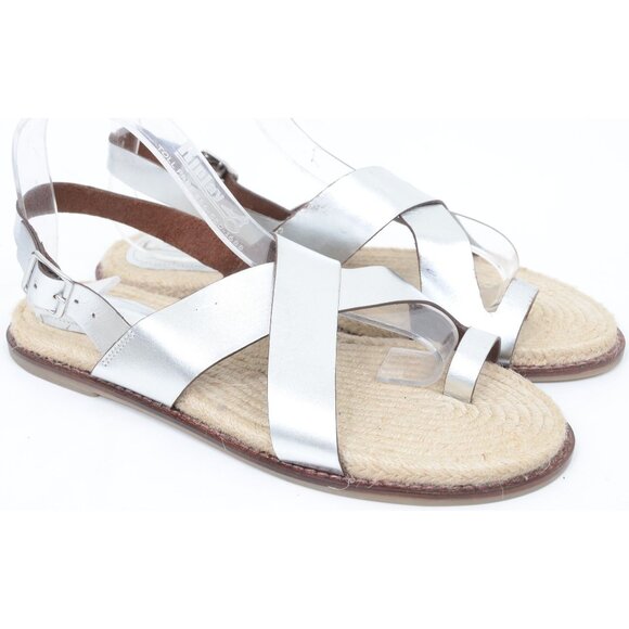 H&M Premium Silver Leather Women's 8 Toe Post Flat Jute Sole Sandals Boho Hippie - Picture 5 of 8